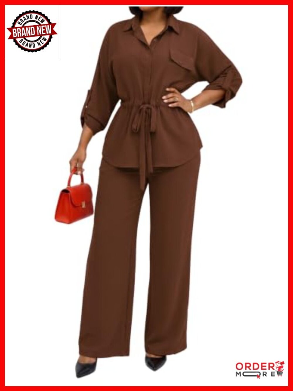 Women 2 Piece Set Button Down Shirt & Wide Leg Pants Polyester